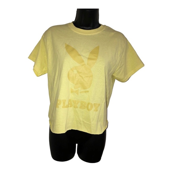 playboy‎ yellow slightly crop raglan hem iconic playboy logo t-shirt size small - Picture 6 of 11